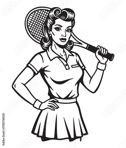 Black and white retro illustration of a young caucasian female tennis player in a vintage outfit, holding a tennis racket over her shoulder.