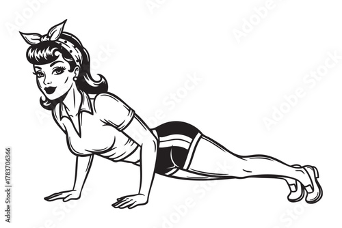 Black and white comic-style illustration of a young caucasian female in a vintage outfit performing a push-up exercise with a confident expression.