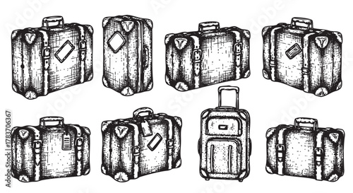 Hand-drawn illustrations of various vintage suitcases and travel bags in different shapes and designs, showcasing intricate details and unique features.