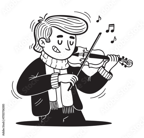Smiling young caucasian male playing a violin enthusiastically, wearing a scarf and sweater in black and white illustration.