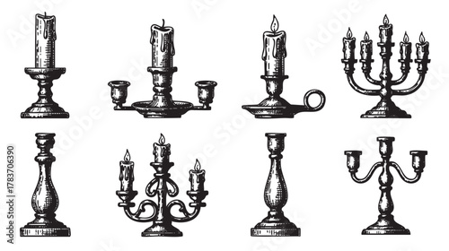 Black and white vector illustrations of various candlestick designs with lit candles, including single and multi-arm holders, drawn in a vintage style.