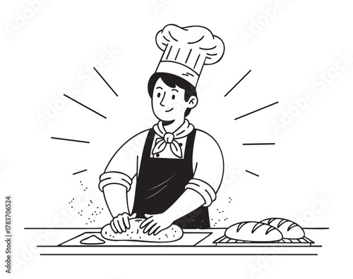 Male baker with a chef's hat kneads dough beside freshly baked bread, illustrating a joyful moment in bread-making.