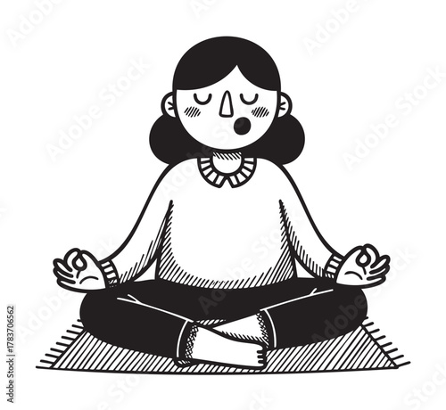 Black and white illustration of a person meditating in a cross-legged position with closed eyes, sitting on a mat in a peaceful and relaxed manner.