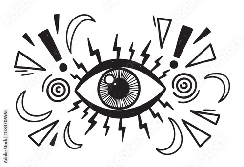 Black and white abstract illustration featuring a detailed eye surrounded by exclamation marks, energy lines, and geometric shapes.