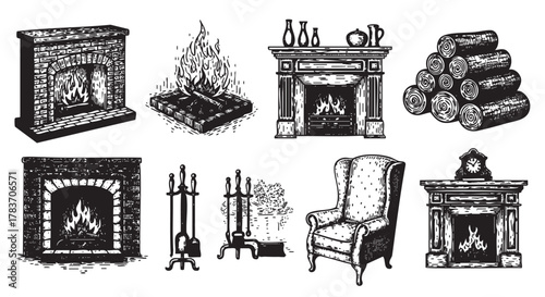 Black and white vintage illustrations of various fireplaces, firewood, and related decor elements, including a cozy armchair and a mantle clock.