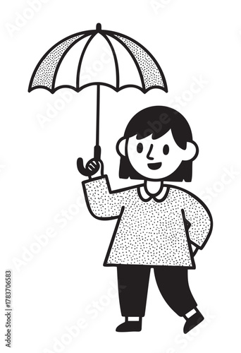 Female child cartoon character holding an umbrella, dressed casually with a cheerful expression, drawn in a simplistic black and white vector style.