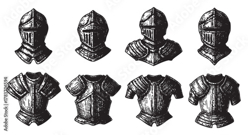 Detailed black ink illustrations of medieval knight helmets and body armor, depicting various designs of protective gear.