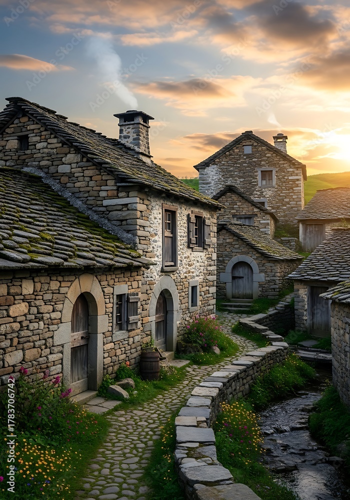 Naklejka premium Quaint Stone Village at Sunset - A Timeless European Landscape.