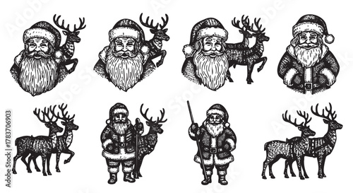 Vintage-style black and white illustrations of santa claus with reindeer, featuring detailed facial expressions and traditional holiday attire.