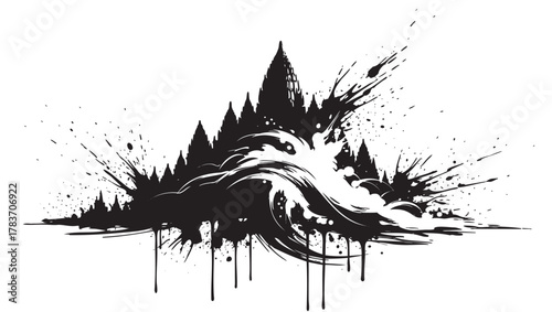 Dramatic black ink splatter forms a dynamic scene with waves crashing against a jagged mountain range, creating a striking and energetic contrast.