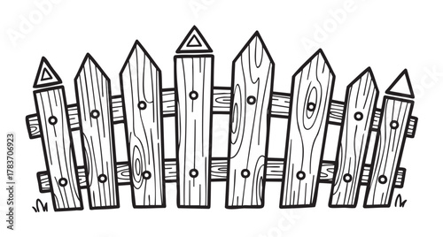 Black outline drawing of a rustic wooden picket fence with six pointed planks arranged vertically.