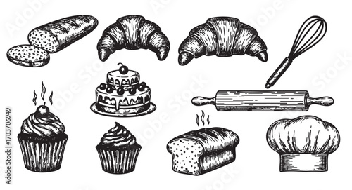 Hand-drawn black and white illustration of various bakery items including bread, croissants, cake, cupcakes, and baking tools like a whisk and rolling pin.