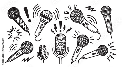 Black and white sketches of various microphone designs with unique patterns and sound effect symbols surrounding them.