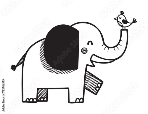 Black and white line drawing of an elephant smiling with a small bird perched on its trunk, conveying a playful and charming interaction.