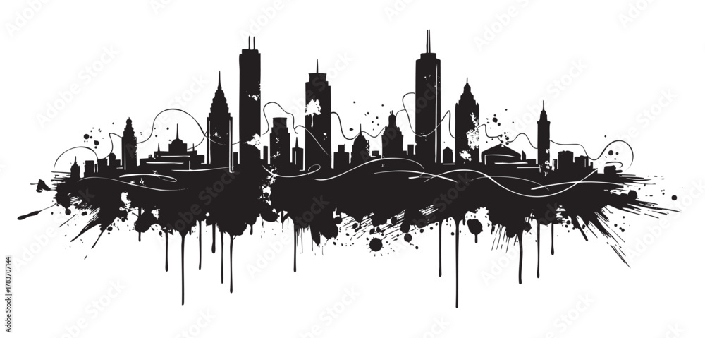 Obraz premium Black ink splatter silhouette of a city skyline with tall buildings and artistic flowing lines, creating a dynamic urban scene.