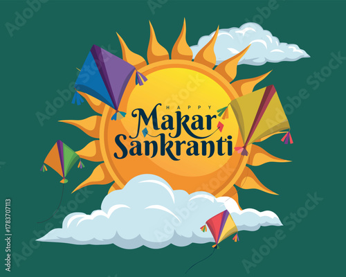 Indian festival Happy Makar Sankranti poster design with group of colorful kites flying. vector illustration design.