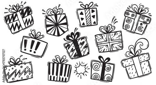 Black and white chaotic assortment of intricately decorated gift boxes with various patterns and bows, conveying a whimsical and festive celebration.