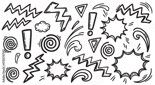 Black outline drawings of various comic elements including exclamation marks, zigzags, spirals, and speech bubbles in a dynamic and energetic arrangement.