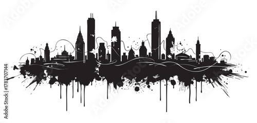 Black ink splatter silhouette of a city skyline with tall buildings and artistic flowing lines, creating a dynamic urban scene.
