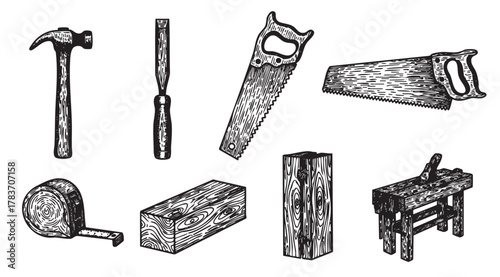 Black and white illustration of vintage woodworking tools including a hammer, chisel, hand saw, tape measure, and workbench, showcasing traditional carpentry equipment.