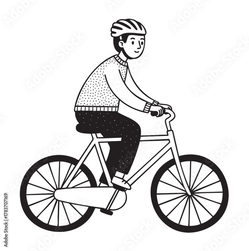 A young caucasian male riding a bicycle with a patterned sweater and a protective helmet in black and white illustration.