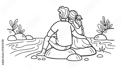 Outline drawing of a couple sitting by a river, with the man holding the woman close as they gaze at the water, surrounded by rocks and foliage.