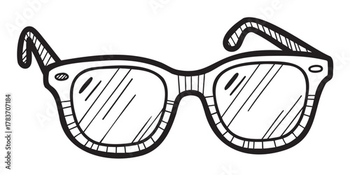 Black outline sketch of classic eyeglasses with rectangular lenses and striped temple arms, reflecting a simple and sophisticated style.