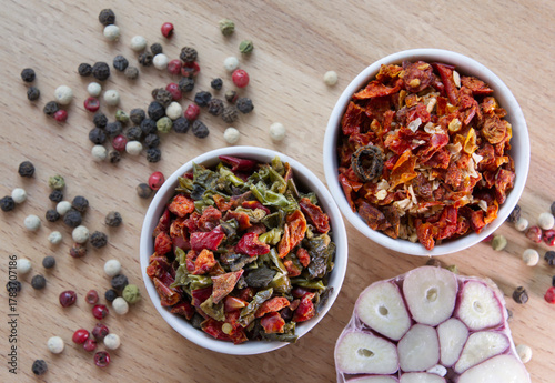 Mix of dried vegetable and spices as background.