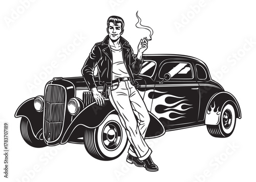 Black and white illustration of a young caucasian male with a cigarette, leaning on a vintage car with flame decals.