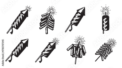 Black and white illustration of various firework designs, including rockets and sparklers, showcasing different shapes with ignited fuses.