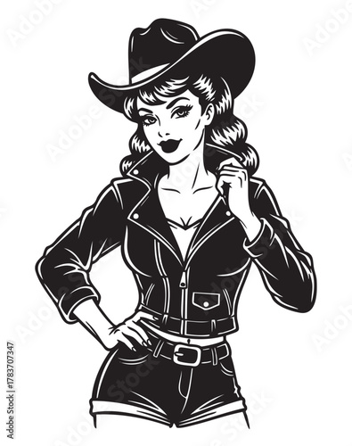 Black and white illustration of a young caucasian female wearing a cowboy hat and a leather jacket, striking a confident pose.