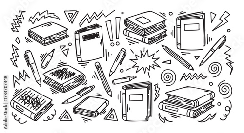 Black and white hand-drawn illustration of various books and pens scattered, surrounded by dynamic zany elements like zigzags and exclamation marks.