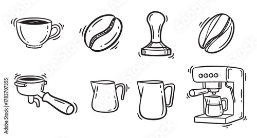Black outline icons of coffee-related items including a cup, coffee beans, tamper, portafilter, milk jugs, and an espresso machine in a minimalistic style.