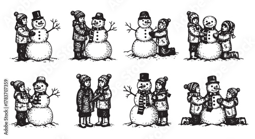 Black and white illustrations of two children building snowmen in various outfits, engaging in winter activities with hats and scarves.