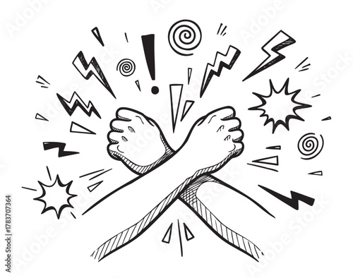 Two crossed human arms depicted in a black and white sketch surrounded by various dynamic doodle elements like exclamation marks and lightning bolts, suggesting energy and defiance.