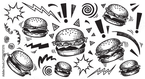 Black and white sketch-style illustration of various hamburgers surrounded by dynamic exclamation marks and abstract shapes.
