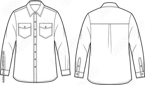 Cad drawing flat vector illustration, black and white shirt sketch, button-up design, fashion garment outline, front back view