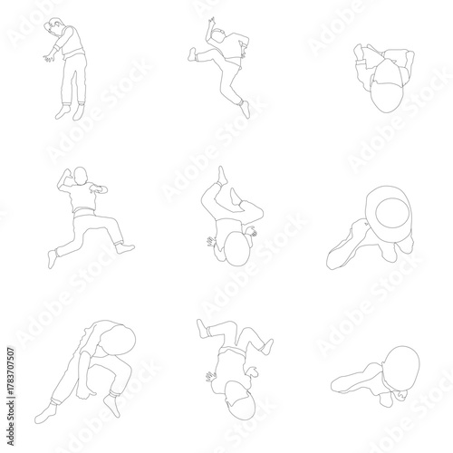 Set of 9 vector silhouettes of people viewed from above. The collection includes figures walking, sitting, streching, and lying down - ideal for architectural plans, park layouts, and public space.