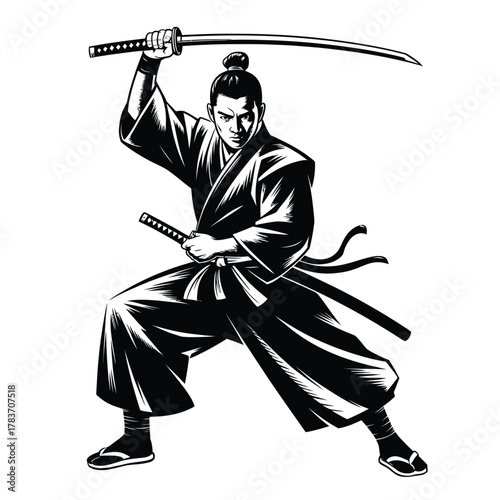 Samurai warrior in traditional stance with katana sword raised