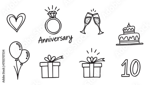 Black outline illustrations of romantic anniversary symbols including a heart, engagement ring, champagne glasses, cake, balloons, gift boxes, and the number ten.