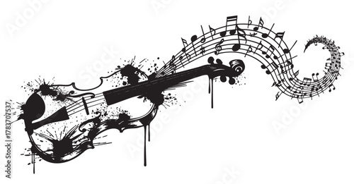 Black ink splatters form an artistic violin silhouette with flowing musical notes, creating a dynamic visual of sound and music.