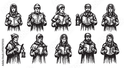 Ten medieval figures dressed in robes, some holding lanterns and others holding manuscripts, depicted in a detailed black and white woodcut style.