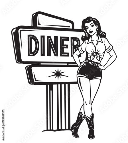 Black and white illustration of a caucasian female in pin-up style standing confidently by a retro diner sign, wearing a knotted shirt and shorts with cowboy boots.