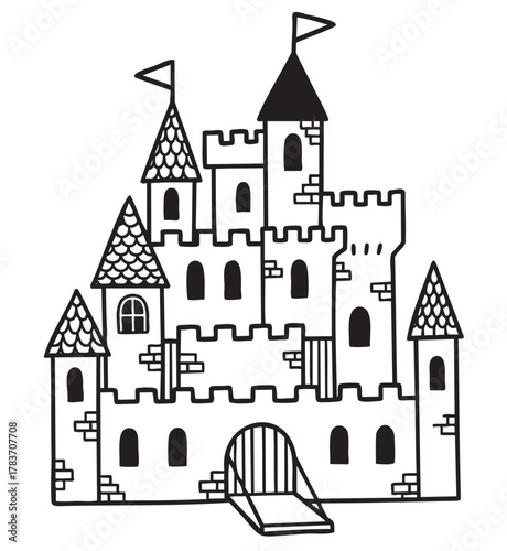 Black outline of a medieval castle with battlements, towers, and flags, showcasing a whimsical and simple hand-drawn style.