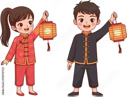 Chinese children illustration, traditional clothing, cultural celebration, lantern festival, red lantern, heritage, cartoon style, holiday joy, festive lights, tradition