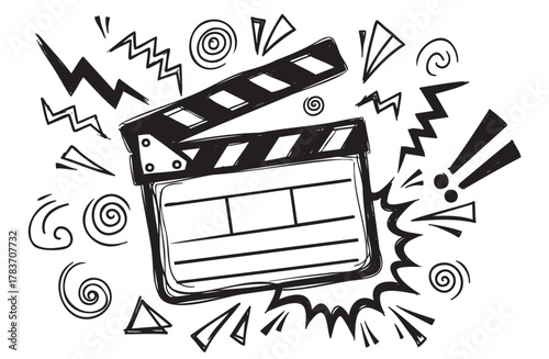 Black and white sketch of a traditional film clapperboard surrounded by dynamic abstract shapes and symbols.