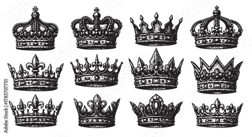 Detailed black ink drawings of twelve ornate royal crowns, each with unique designs, including fleur-de-lis and cross motifs, displayed in two rows.