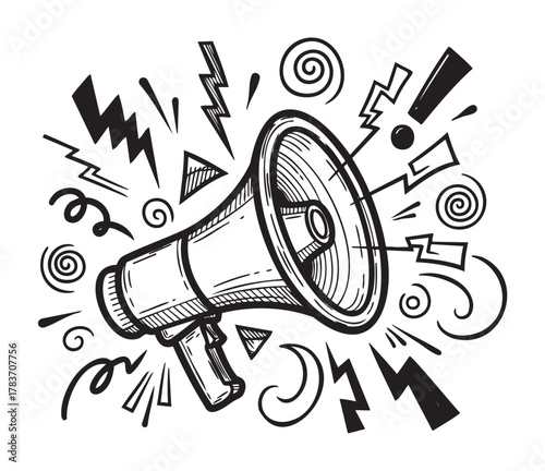 Black outline sketch of a megaphone surrounded by dynamic sound symbols such as exclamation points and lightning bolts.