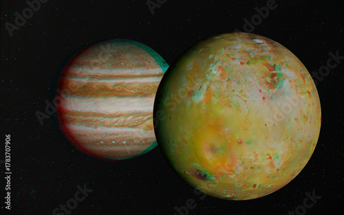 3D anaglyph image of Io and Jupiter. Includes NASA data. View with red/cyan glasses.