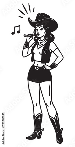 Black outline drawing of a female singing cowboy with a hat and boots, featuring a star badge and musical note.